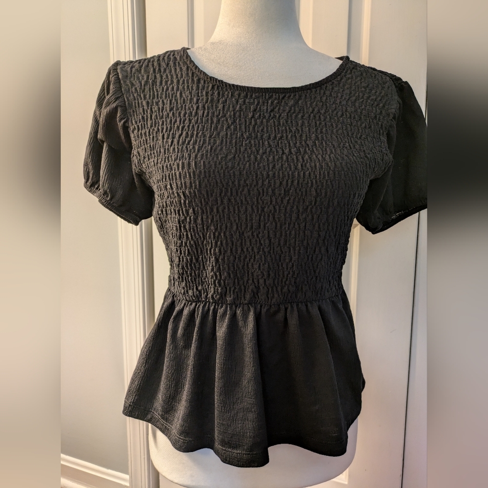 Zara Black Peplum Smocked Blouse